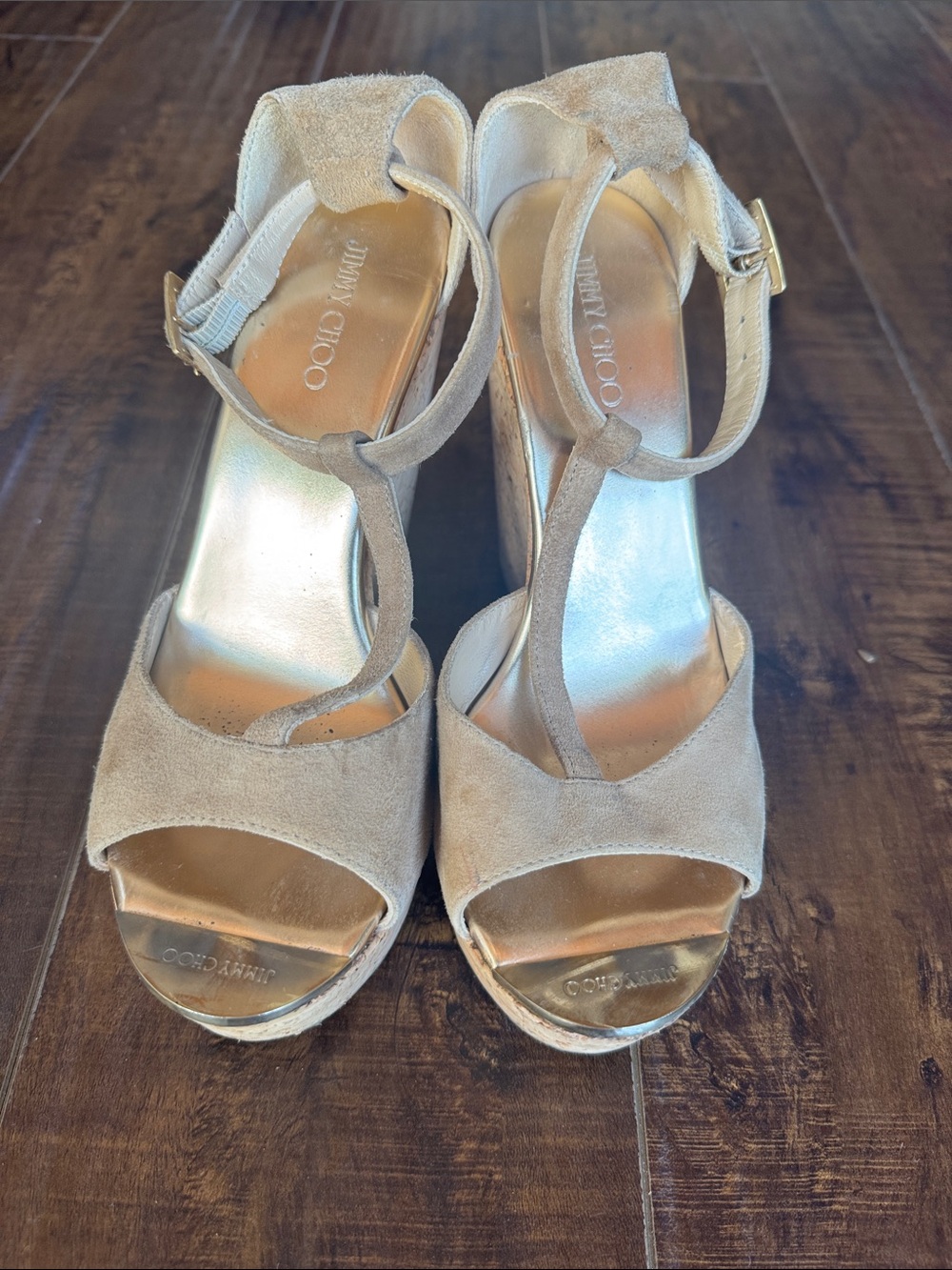 Jimmy Choo Taupe Suede T-Strap Platform Heels - Size 38